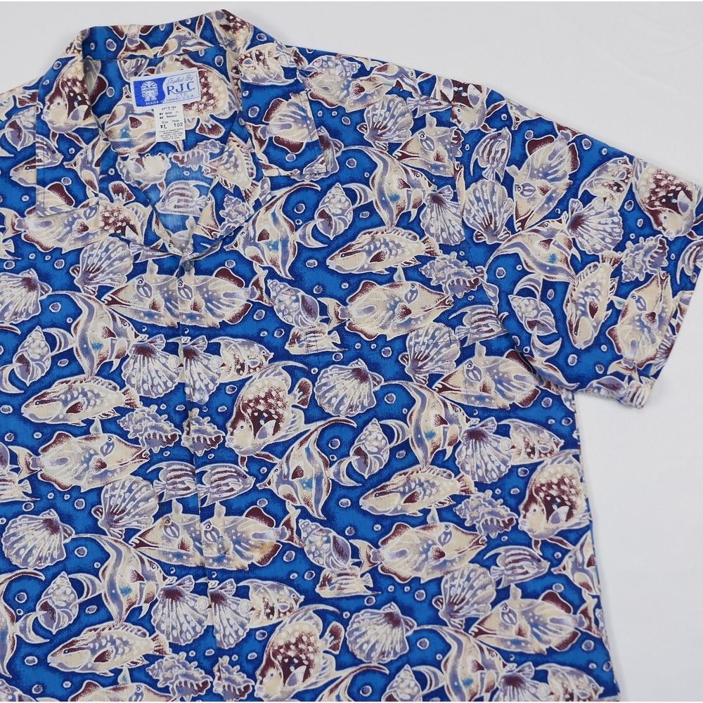 RJC Hawaiian Shirt Mens XL‎ Blue Fish Seashell Print Cotton Aloha Made in Hawaii